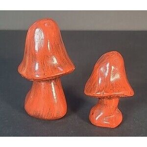 Ceramic Retro Mushroom 2 Figurines Orange Glazed Fairy Garden Decor VTG 70s